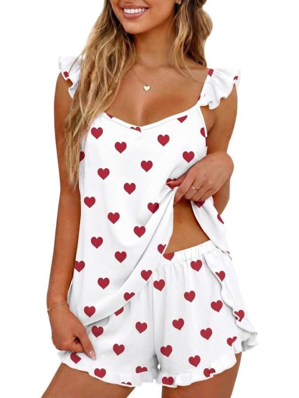 〽️Women's Outfit Set White Heart Comfort Cami Top and Shorts 2 Piece Lounge Set